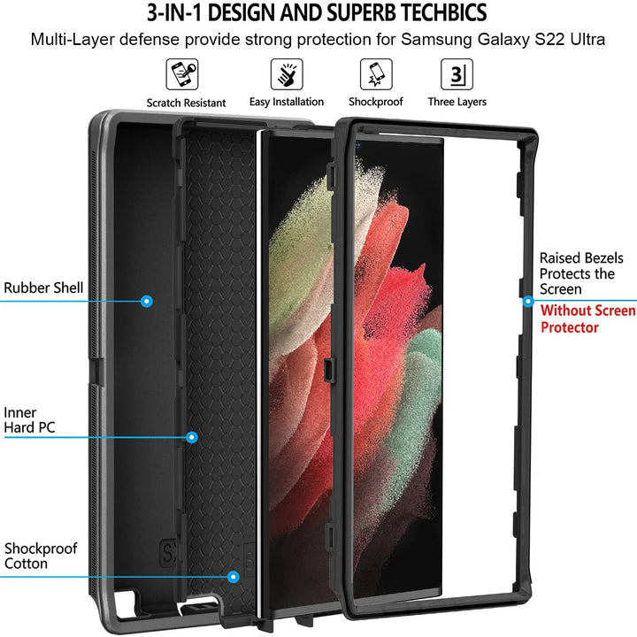 for Samsung S22 Ultra Case,Galaxy S22 Ultra Case 3-Layer Super Full Heavy Duty Body Bumper Cover/Shock Protection/Dust Proof for Samsung Galaxy S22 Ultra 5G 6.8 Inch (Black Grey)