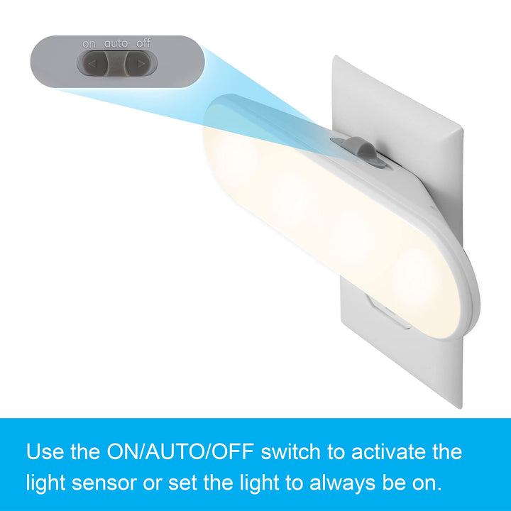 Ultrabrite LED Light Bar Night Light, 100 Lumens, 2 Pack, Dusk-to-Dawn Sensor, Auto/On/Off Switch, Plug-in, Ideal for Dark Spaces, Bedroom, Bathroom, Kitchen, Hallway, Garage, White, 46707