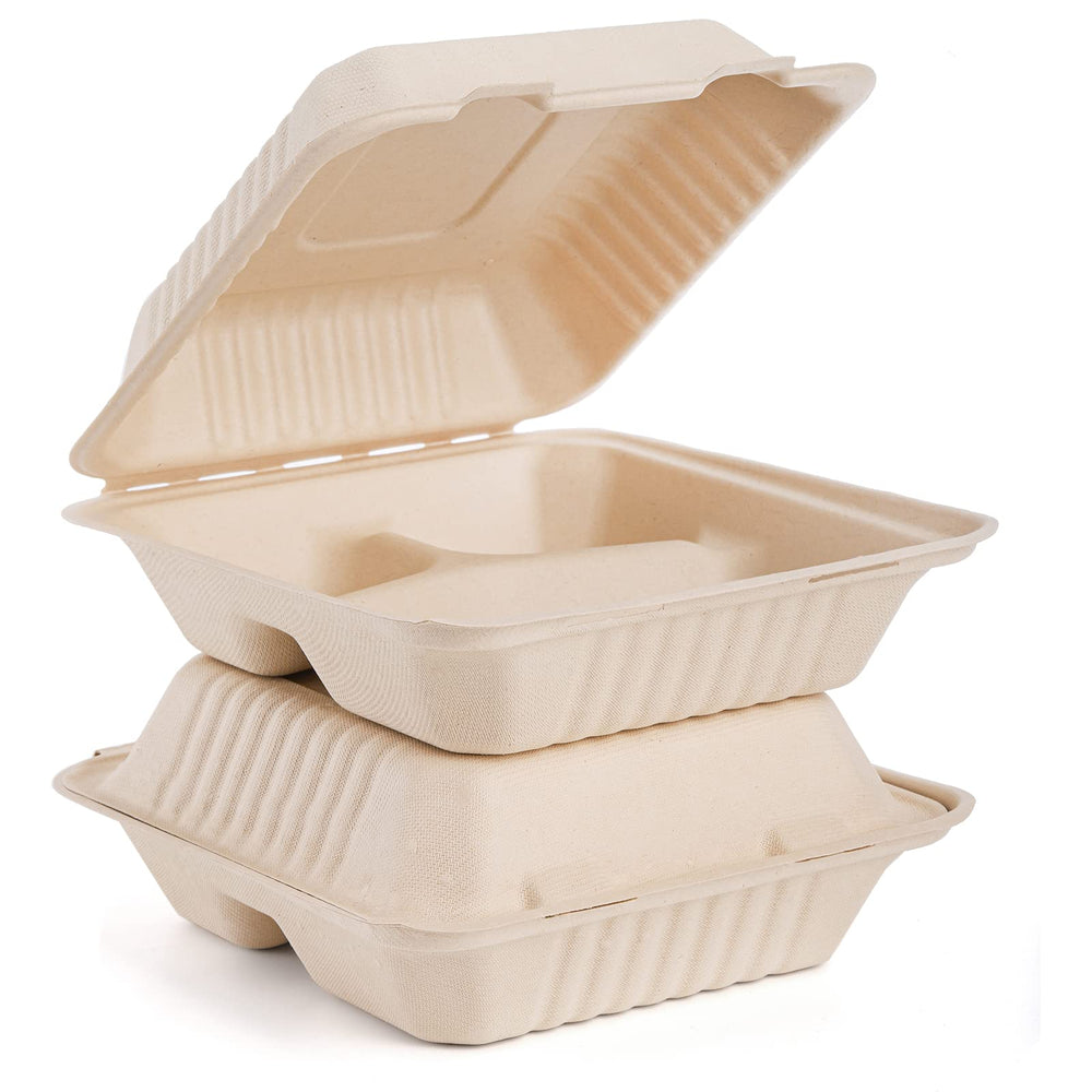 90 Pack Clamshell Take Out Food Containers (8 x 8, 3-Compartment), Compostable Heavy-Duty to Go Containers, Natural Disposable Bagasse Containers, Made of Sugar Cane Fibers