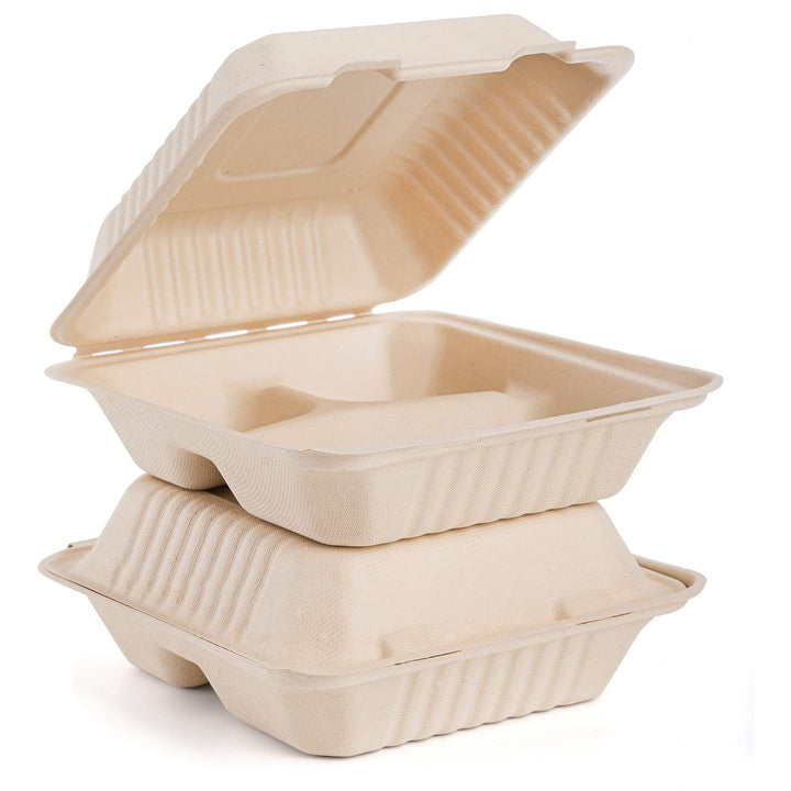 90 Pack Clamshell Take Out Food Containers (8 x 8, 3-Compartment), Compostable Heavy-Duty to Go Containers, Natural Disposable Bagasse Containers, Made of Sugar Cane Fibers
