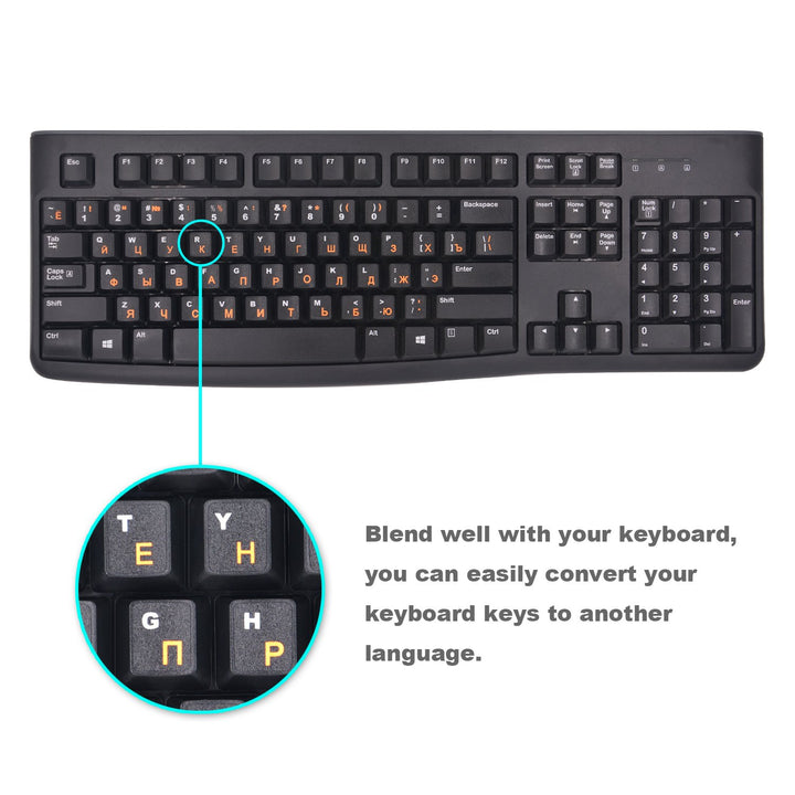 2PCS Universal Russian-English Keyboard Stickers, Matte Replacement Russian Keyboard Stickers with Orange Letters on a Black Background for Laptops and Desktops, Keyboard Alphabet Stickers
