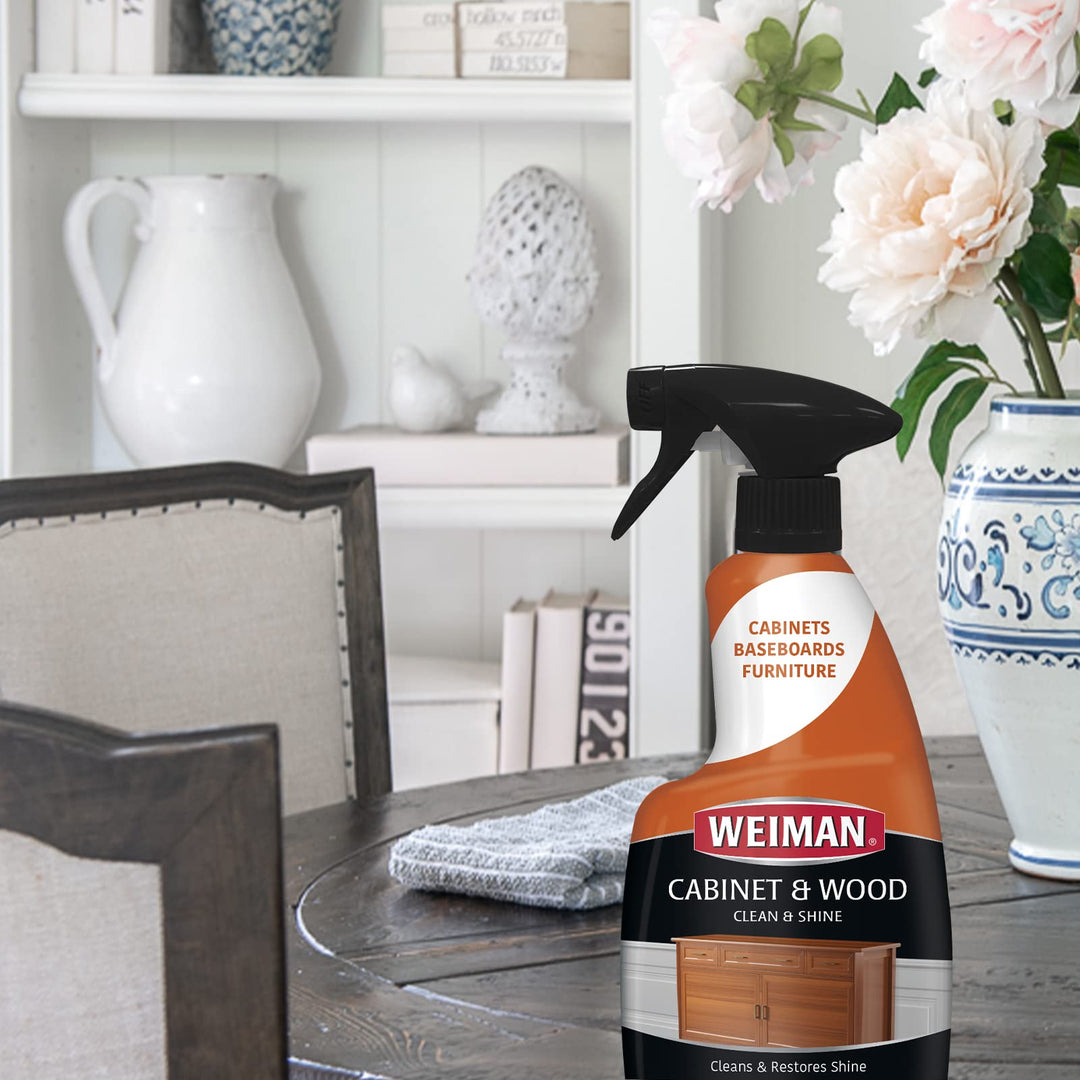 Cabinet & Wood Clean & Shine Spray - Furniture, Kitchen Cabinets, Baseboard & Trim, Fresh Almond Scent - Microfiber Cloth Included
