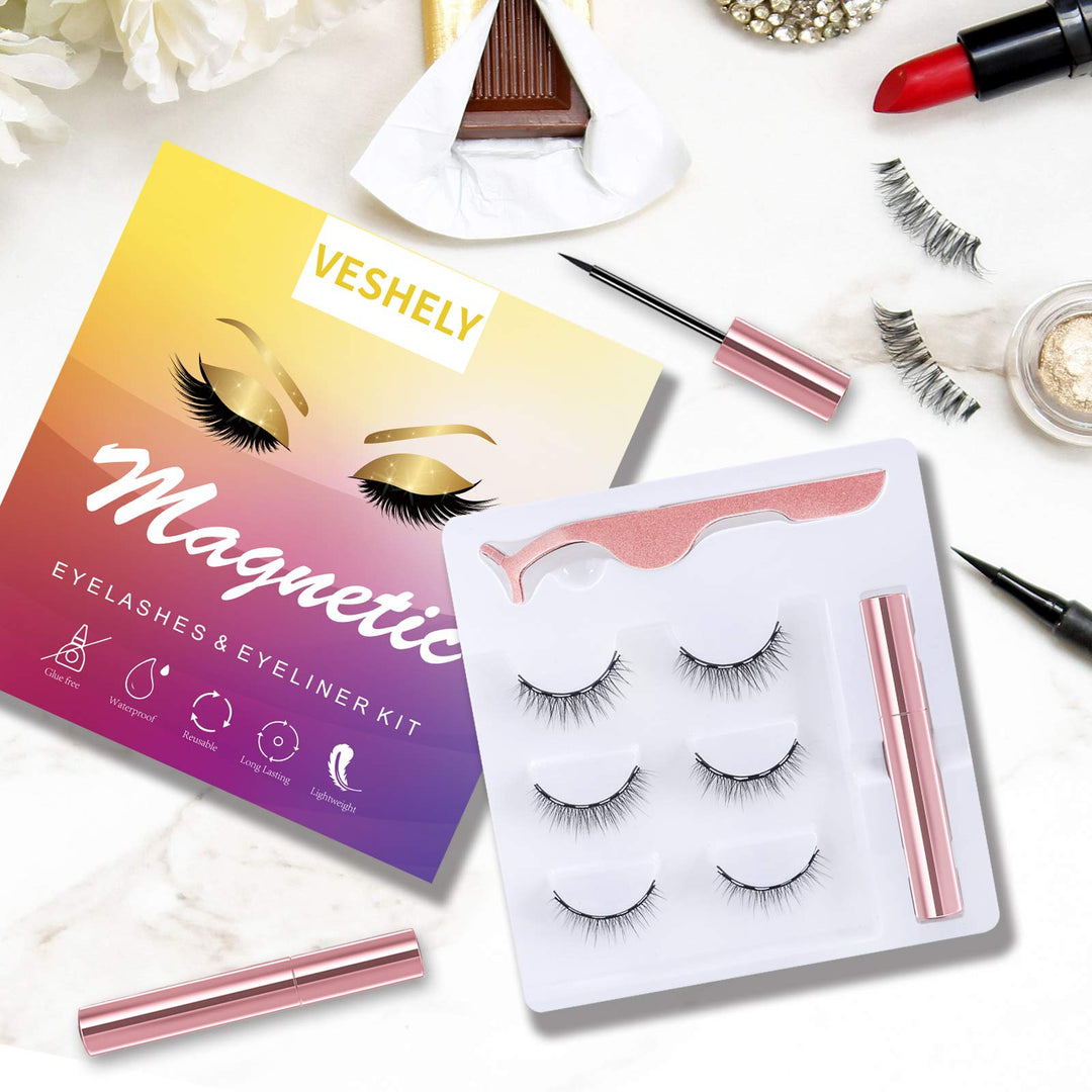 Natural Magnetic Eyelashes with Eyeliner,3 Pairs Natural Look False Lashes Kit,3D Short Magnetic Eyelash Set - No Glue Needed