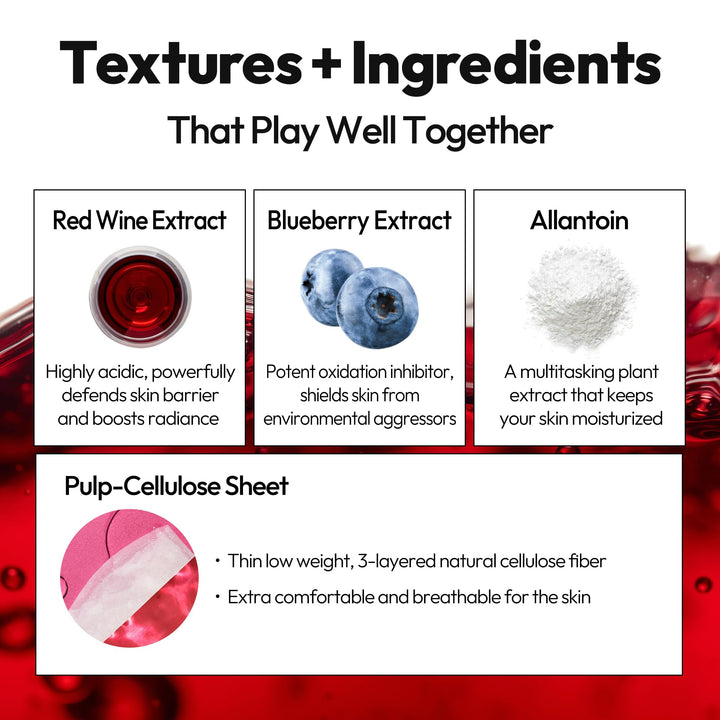 Red Wine Sheet Mask, Daily Face Mask to Restore and Soften Skin, Korean Beauty Favorite, 5-Pack