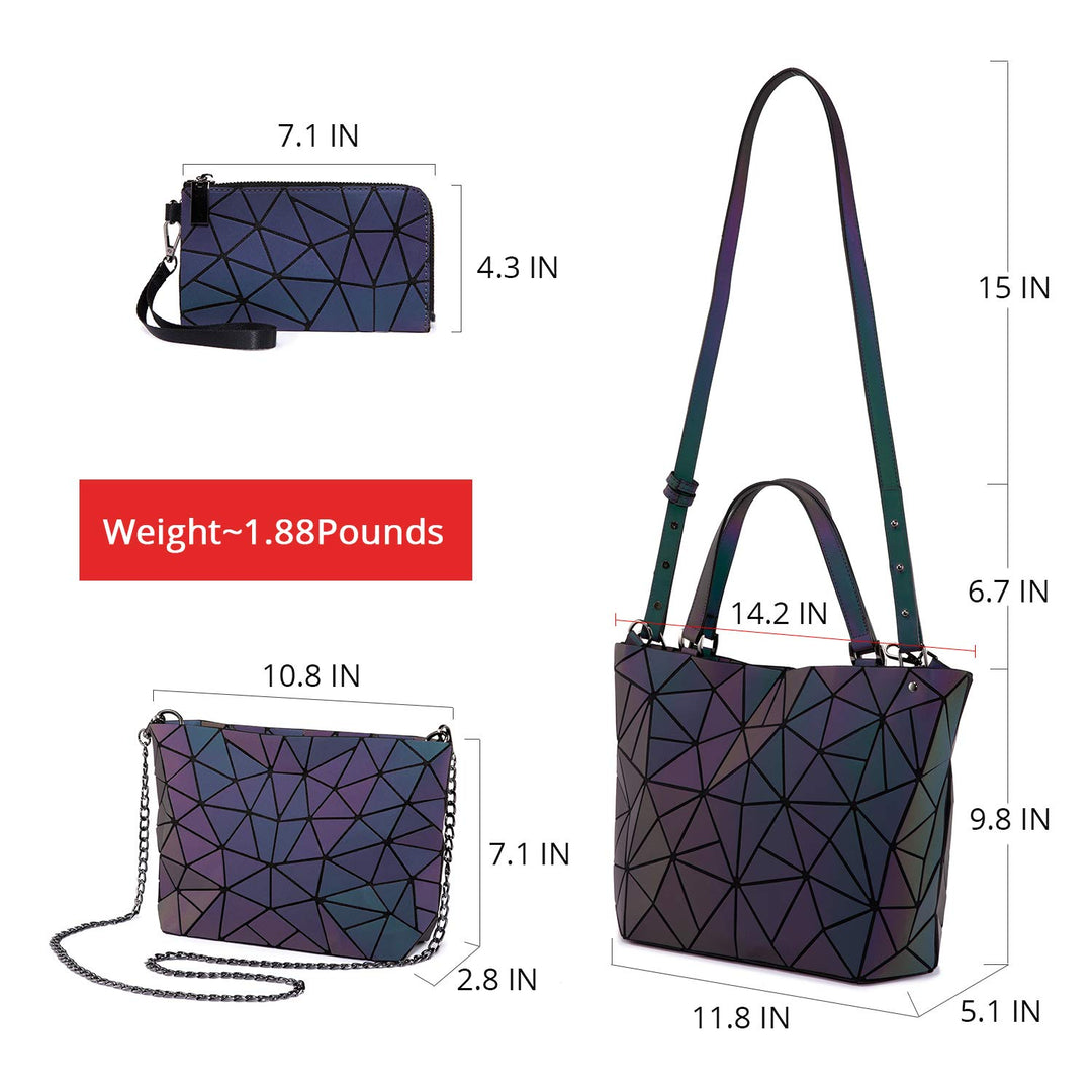 Geometric Luminous Purses and Handbags for Women Holographic Reflective Crossbody Bag Wallet 3PCS