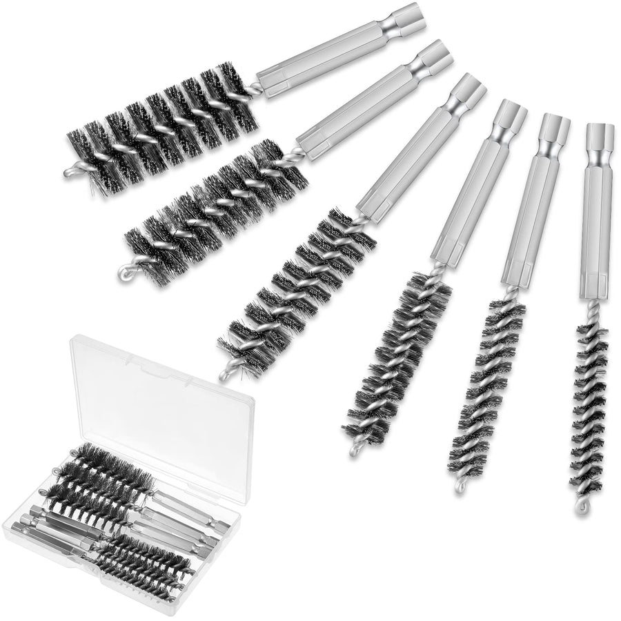 6 Pieces Bore Brush in Different Sizes Twisted Wire Cleaning Brush with Handle 1/4 Inch Hex Shank for Power Drill Impact Driver, 4 Inch Long (9 mm, 11 mm, 13 mm, 16 mm, 18 mm, 19 mm,Stainless Steel)