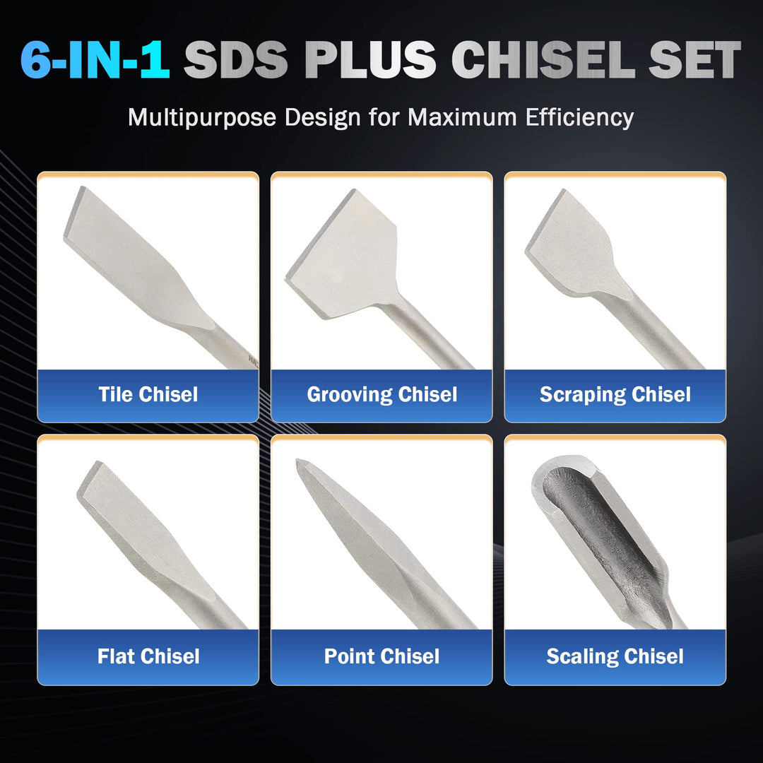Chisel Set with SDS Plus Shanks, 6pc Masonry Concrete Drill Bit Set, Tile Grooving Scraping Flat Point Scaling Chisels 40Cr Steel Rotary Hammer Drill Tool Kit SDS Plus Bits for Home Improvement