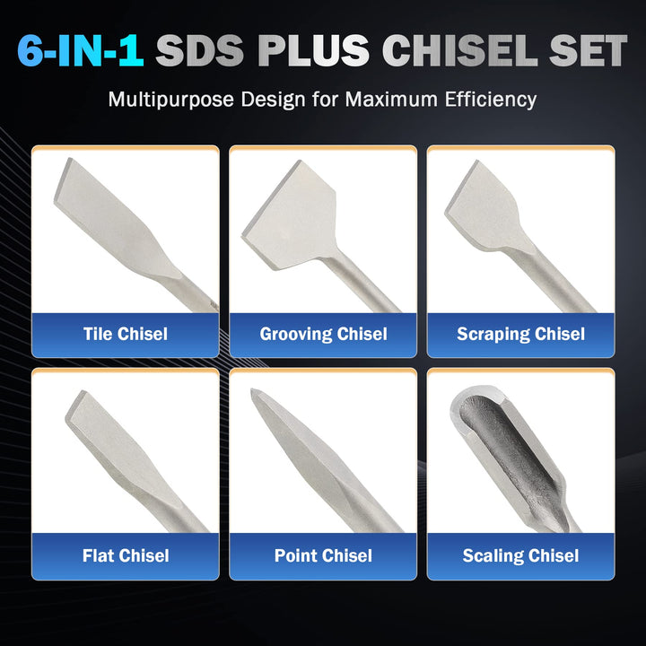Chisel Set with SDS Plus Shanks, 6pc Masonry Concrete Drill Bit Set, Tile Grooving Scraping Flat Point Scaling Chisels 40Cr Steel Rotary Hammer Drill Tool Kit SDS Plus Bits for Home Improvement