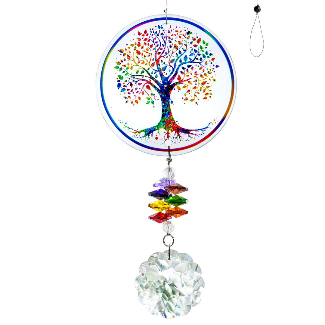H&D HYALINE & DORA Chakra Tree of Life Suncatcher Glass Art Hanging Ornament Handmade Crystal Mandala Prism Decor Window Car Wall Art Hanging Decor for Home Office