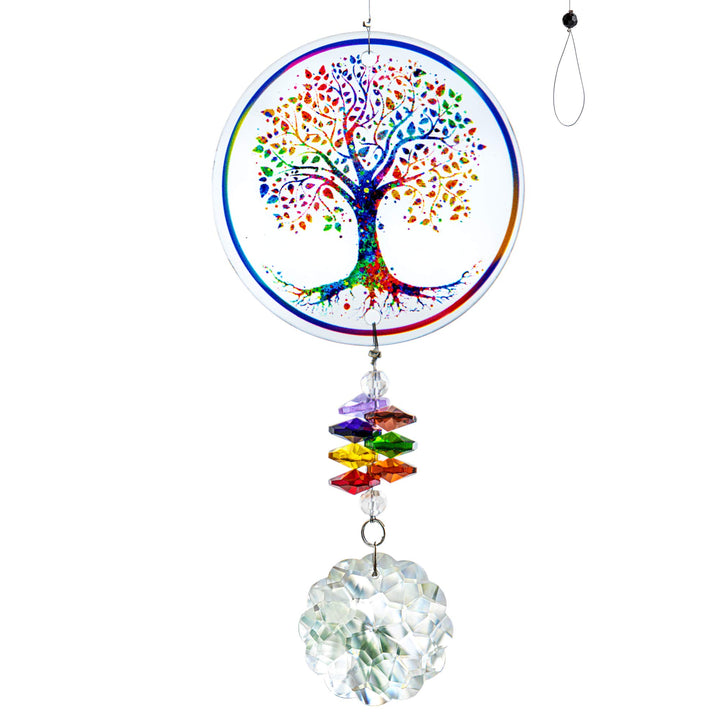 H&D HYALINE & DORA Chakra Tree of Life Suncatcher Glass Art Hanging Ornament Handmade Crystal Mandala Prism Decor Window Car Wall Art Hanging Decor for Home Office