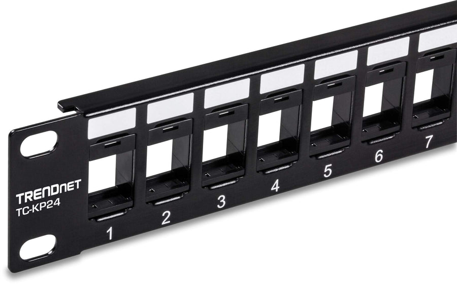 24-Port Blank Keystone 1U Patch Panel, 1U 19 Metal Rackmount Housing, Recommended With TC-K25C6 & TC-K50C6 Cat6 Keystone Jacks (Sold Separately), Black, TC-KP24