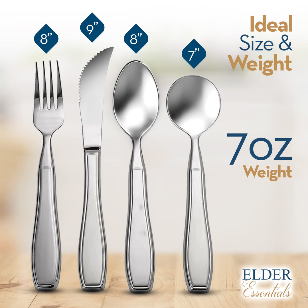 Elder Essentials Weighted Utensils for Hand Tremors, Elderly, Handicap and Parkinson Patients - Weighted Rocker Knife, Spoon and Fork Set - 4 Pieces Weighted Silverware for Hand Tremors