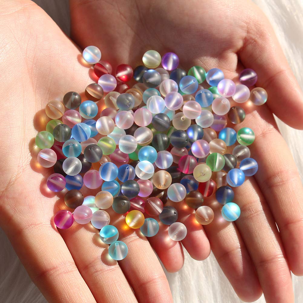 100pcs Matte Crystal Glass Beads 8mm Shiny Mermaid Round Aura Beads Frosted Moonstone for Jewelry Making (Multicolor, 8mm)