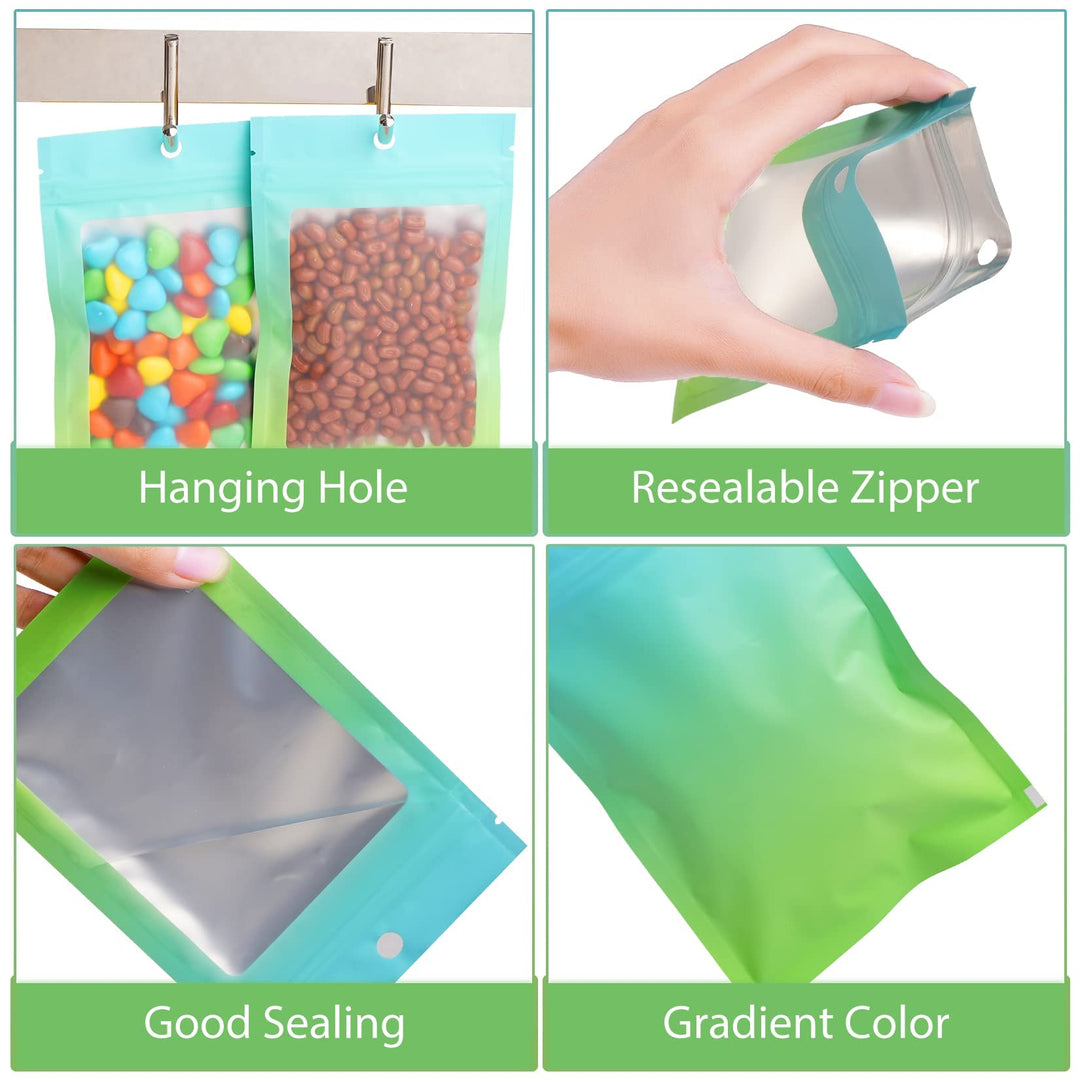 Funfery 100 Pack Resealable Bags Smell Proof Bags for Food Storage,Clear Cute Mylar Bags for Small Business Foil Pouch Ziplock Packaging Bags for Sample Jewelry Eyelash Gloss(Blue Green,3.1×4.7in)