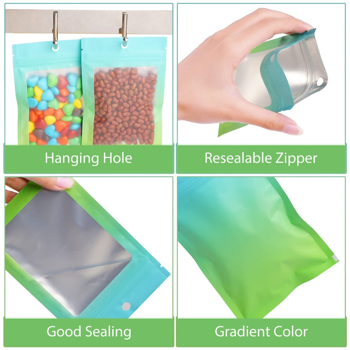 Funfery 100 Pack Resealable Bags Smell Proof Bags for Food Storage,Clear Cute Mylar Bags for Small Business Foil Pouch Ziplock Packaging Bags for Sample Jewelry Eyelash Gloss(Blue Green,3.1×4.7in)