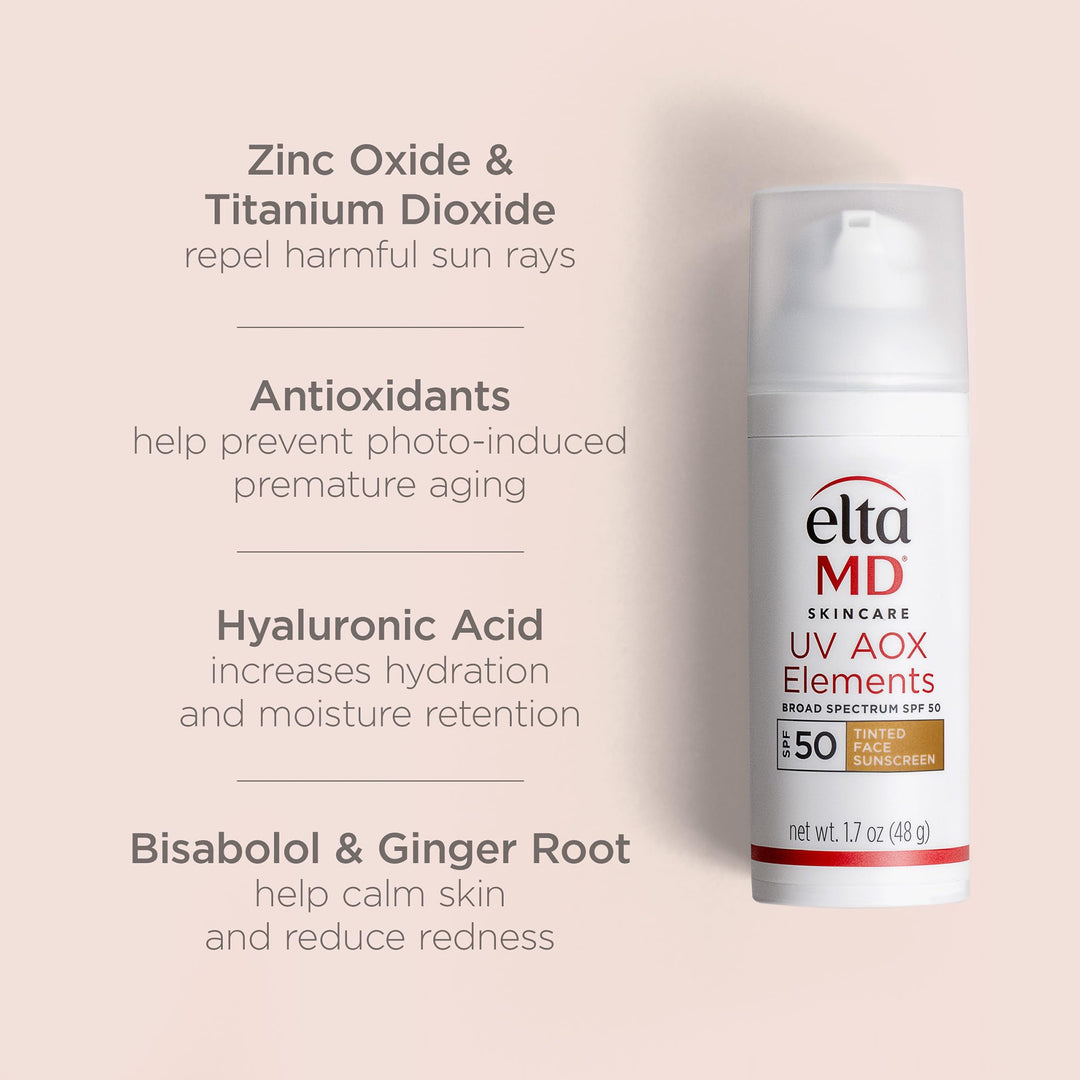 UV AOX Elements Tinted Mineral Face Sunscreen, SPF 50, Tinted Sunscreen for Face with Antioxidants, 1.7 oz Pump