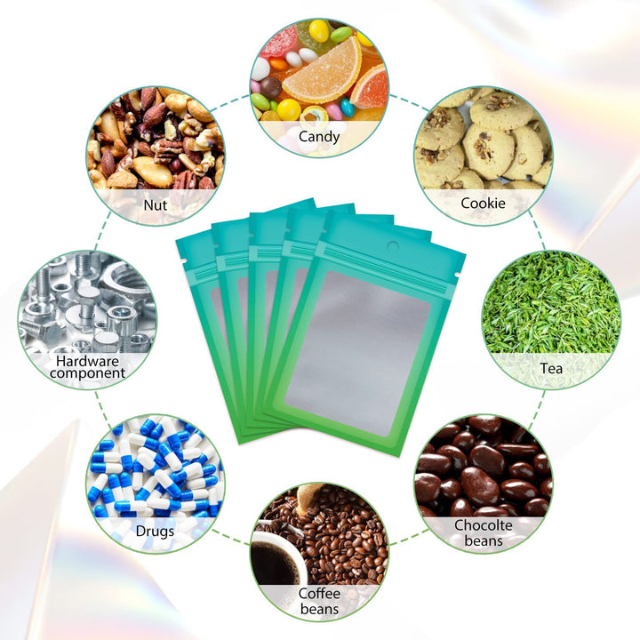Funfery 100 Pack Resealable Bags Smell Proof Bags for Food Storage,Clear Cute Mylar Bags for Small Business Foil Pouch Ziplock Packaging Bags for Sample Jewelry Eyelash Gloss(Blue Green,3.1×4.7in)