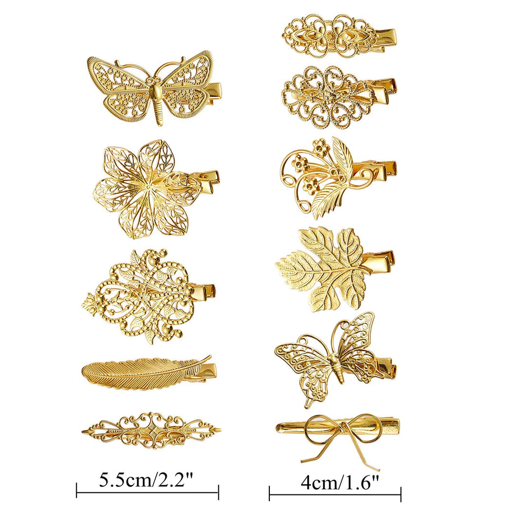 30 Pack/15 Pairs Gold Metal Alligator Hair Clips Barrettes Bobby Pins Leaf Flower Butterfly Decorative Accessories for Women Girls