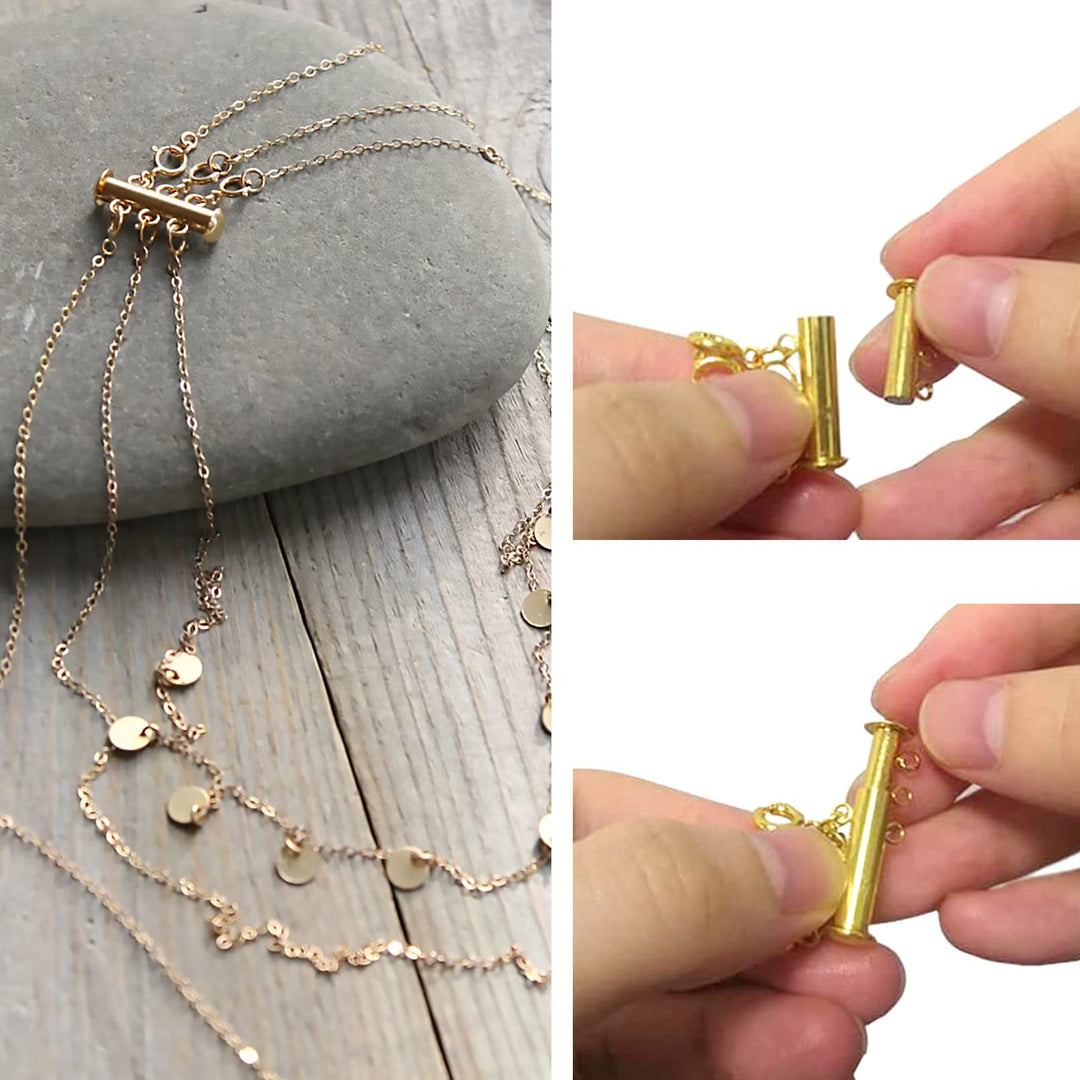 Layered Necklace Spacer Clasp, 3 Strands Necklaces Slide Magnetic Tube Lock with Lobster Clasps, Jewelry Clasps Connectors for Layered Bracelet Jewelry Crafts Necklace, 2 Pack Gold and Sliver