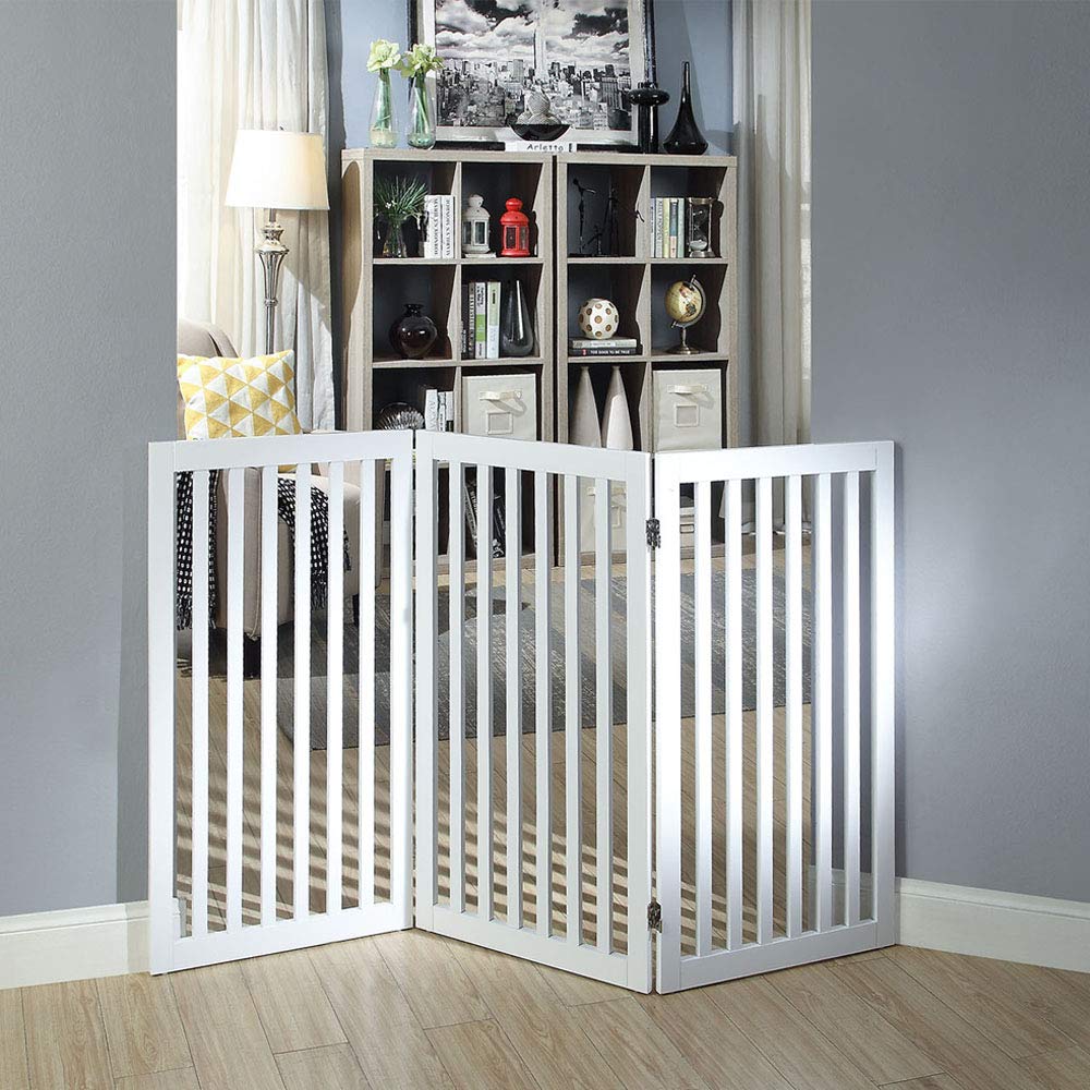 36”H Free Standing Pet Gate for Dog Cat, Tall Wooden Dog Gates for Doorway, Stairs, Foldable Pet Fence for The House, Expandable Dog Barrier, Indoor Use, White