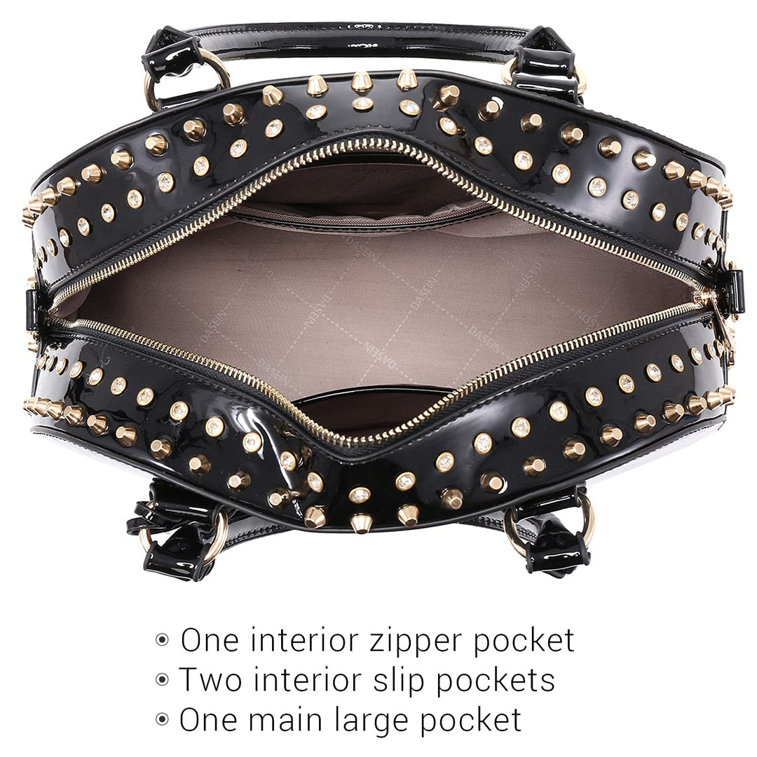 Women Patent Leather Purses Handbags Dome Satchel Purse Work Tote Structured Shoulder Bag with Long Strap (Dark coffee)