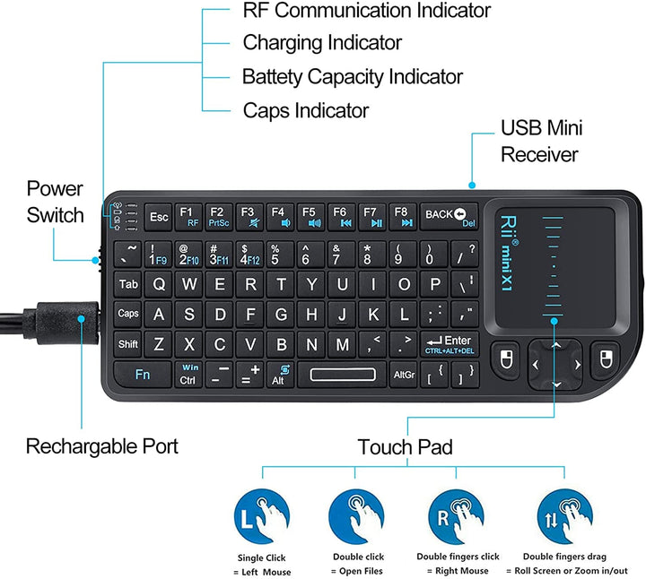 2.4G Mini Wireless Keyboard with Touchpad Mouse,Lightweight Portable Controller with USB Receiver Remote Control for Windows/ Mac/ Android/ PC/Tablets/ TV/Xbox/ PS3. X1-Black .
