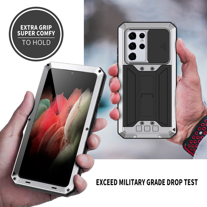 Compatible for Samsung Galaxy S21 Ultra Case, Aluminum Metal Gorilla Glass Shockproof Military Heavy Duty Sturdy Protector Cover Hard Case Silver