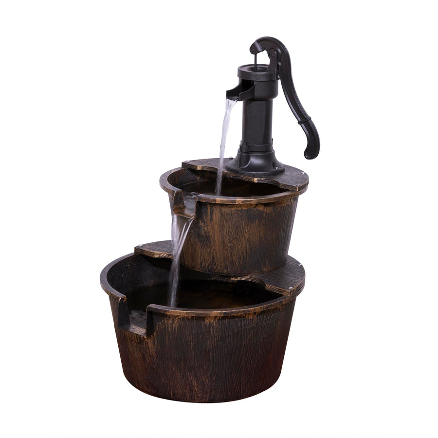 - Outdoor Rustic 2-Tiered Barrel and Pump Water Fountain – Bronze Finish, Relaxing Water Flow, Ideal for Garden, Patio, & Yard Décor, 27H