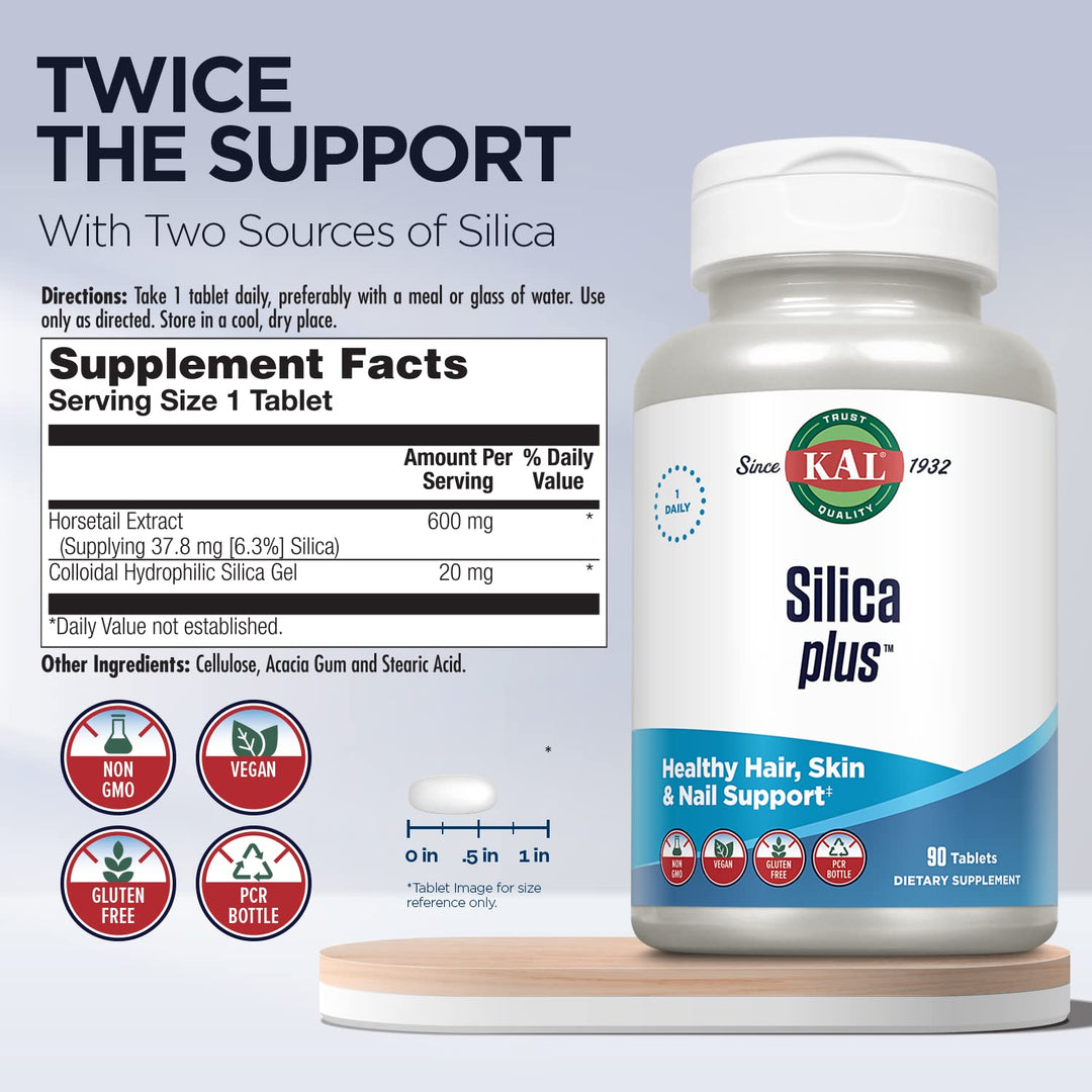 Silica Plus, Silica Gel with Horsetail Extract, Healthy Hair, Skin & Nails Support, Maximum Absorption, Vibrant Hair, Glowing Skin Supplement, Vegan, Gluten Free, 90 Serv, 90 Quick Dissolve Tabs