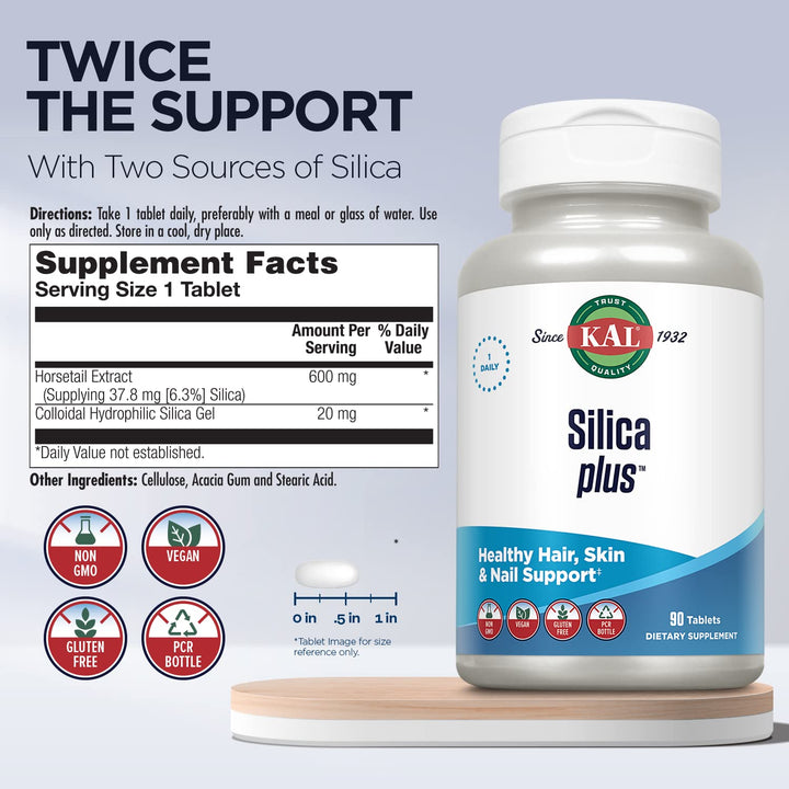 Silica Plus, Silica Gel with Horsetail Extract, Healthy Hair, Skin & Nails Support, Maximum Absorption, Vibrant Hair, Glowing Skin Supplement, Vegan, Gluten Free, 90 Serv, 90 Quick Dissolve Tabs
