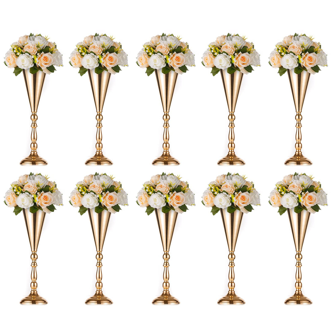 10 Pcs Tabletop Gold Metal Wedding Flower Trumpet Vase, 16.5 inch Table Decorative Centerpiece Artificial Flower Arrangements for Anniversary Ceremony Party Birthday Event Home Decoration (Gold)