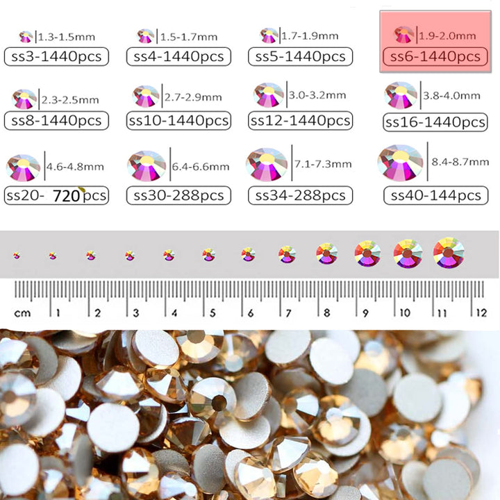 1440 Pieces SS6 Flatback Rhinestones, 2MM Flatback Crystal Rhinestones for Craft Nails Dance Costumes, Flat Back Nail Crystals, Non Hotfix Rhinestones (SS6 / 2MM, Champagne/Golden Shadow)