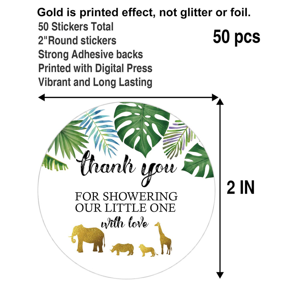 50 Jungle Gold Baby Shower Stickers, Thank You for Showering Our Baby with Love Stickers, Baby Shower Favors for Boy or Girl, Baby Shower Favor Labels for Birthday Party, 2 Inches