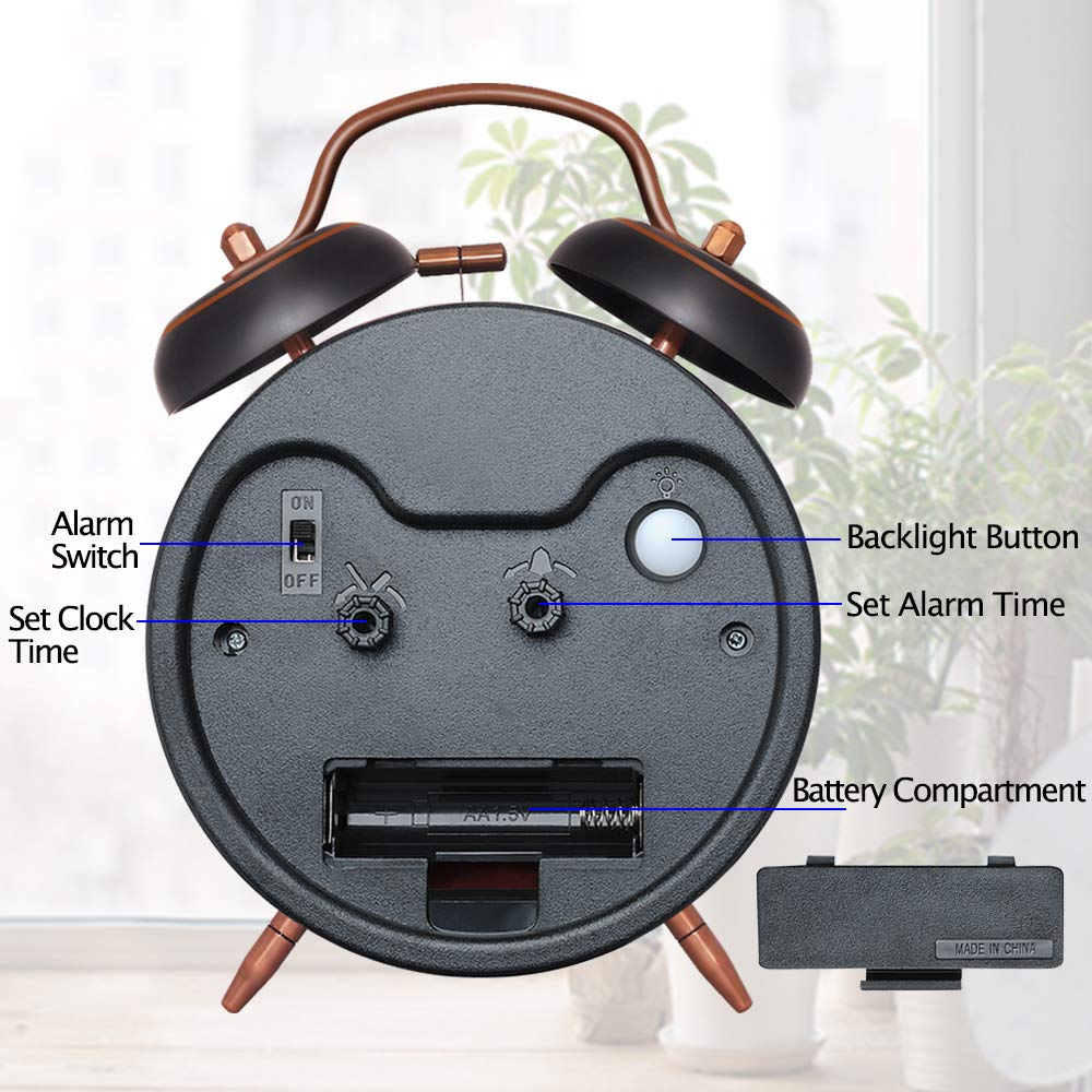 Retro 4 inches Battery Operated Twin Bell Loud Alarm Clock (Black with Arabic)