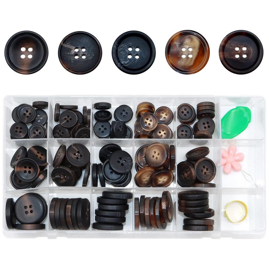 133PCS Mixed Sewing Buttons, Round Resin Button 4-Hole Craft Buttons, with Storage Box Threader Thimble, Buttons for Sewing, DIY Craft and Decorations, 5 Styles 3 Sizes (Regular Models)