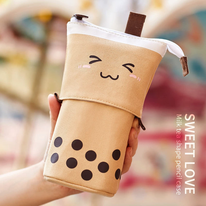 Cute Pencil Case Standing Pen Holder Telescopic Makeup Pouch Pop Up Cosmetics Bag with Kawaii Smile Face Stationery case Office Organizer Box for Girls/Boys Students Women Adult (Brown)