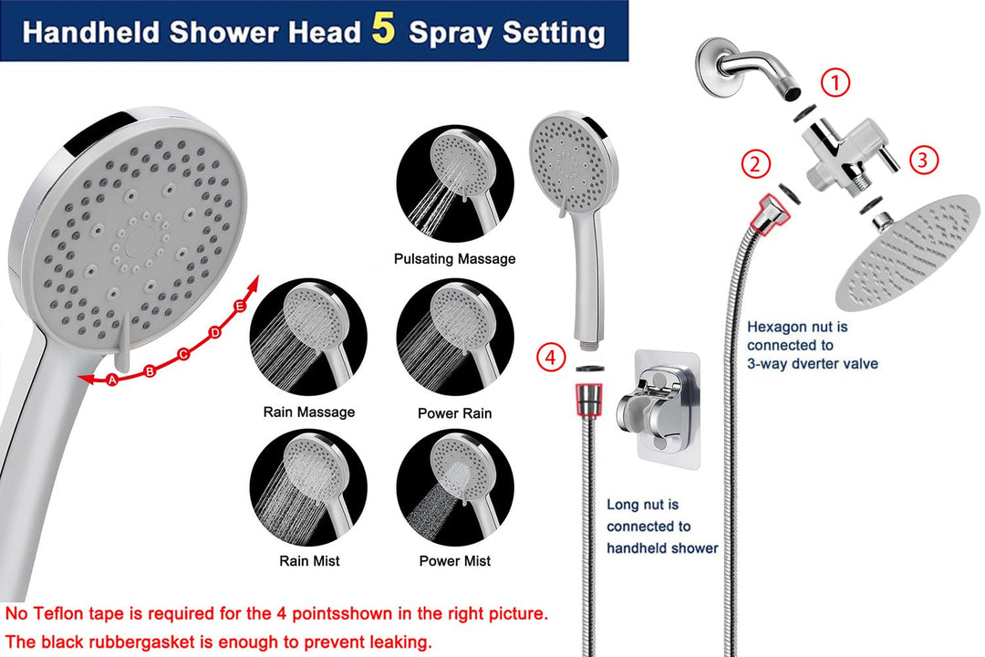 Filtered Shower Head, High Pressure 8Round Rain Shower Head and 5 settings Handheld Shower Filter Combo with Self-adhesive Holder/1.5M Hose -1 Replaceable Filter Cartridge (Chrome Finish)