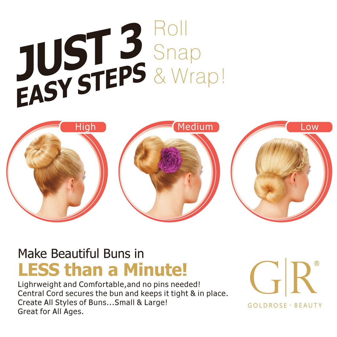 Goldrose Beauty Buns 2 Pieces Magic Hair Styling Styler Twist Ring Former Shaper Doughnut Donut Chignon Bun Maker Clip Hair Curler Accessory Middle & Large (Black)