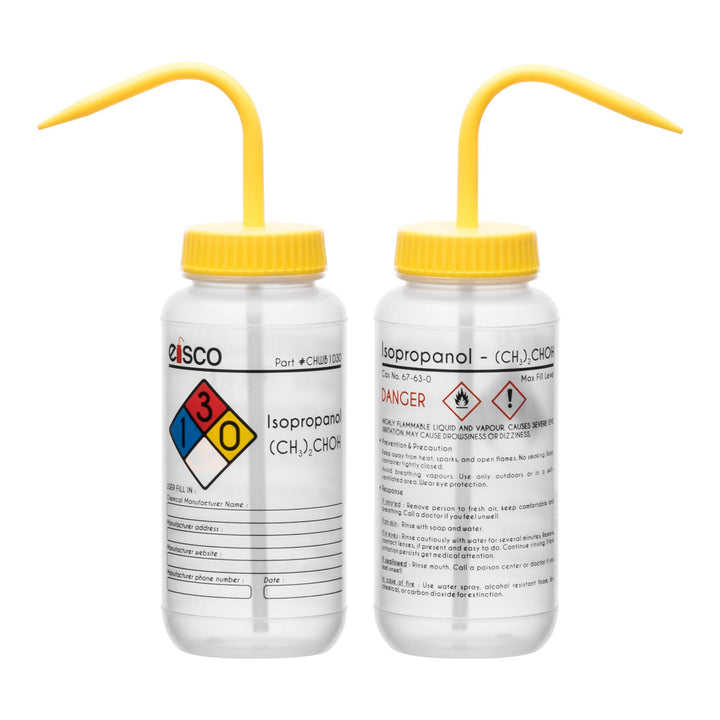 Wash Bottle for Isopropanol, 500ml - Labeled with Color Coded Chemical & Safety Information (4 Colors) - Wide Mouth, Self Venting, Low Density Polyethylene Labs