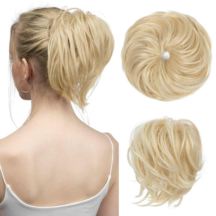 2PCS Messy Hair Bun Hair Pieces Wavy Curly Synthetic Updo Fake Scrunchies Ponytail Extension for Women Chestnut Brown