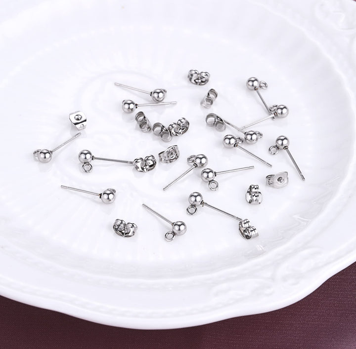 100 Sets Stainless Steel Solid Round Ball Post Stud Earrings with Loop for Jewelry Dangle Earring Making