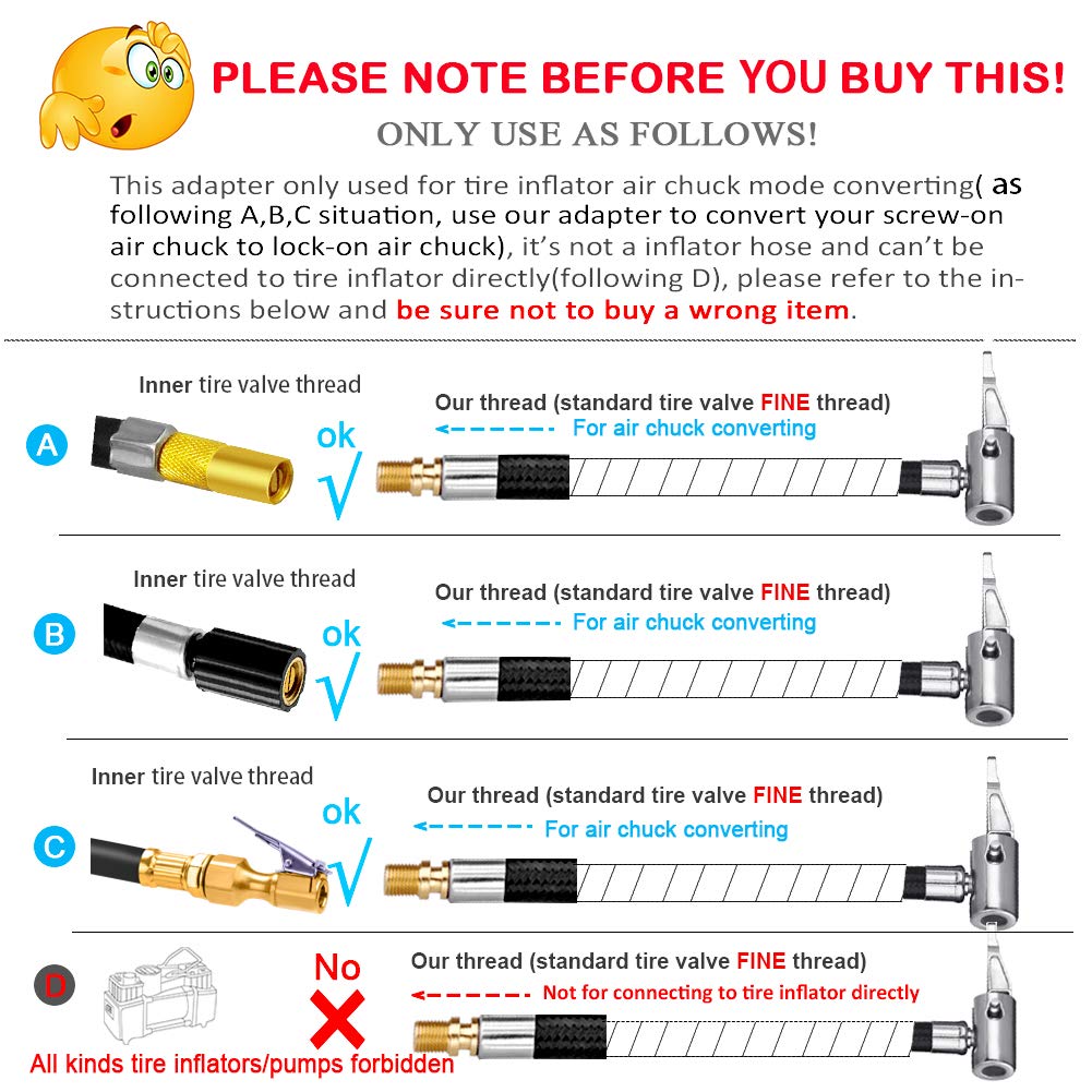 Tire Inflator Hose Adapter for Twist On Convert to Lock On Connection, with All Metal Lock On Air Chuck and Air Hose and Tire Schrader Valve Fine Thread