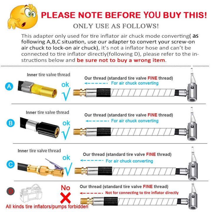 Tire Inflator Hose Adapter for Twist On Convert to Lock On Connection, with All Metal Lock On Air Chuck and Air Hose and Tire Schrader Valve Fine Thread