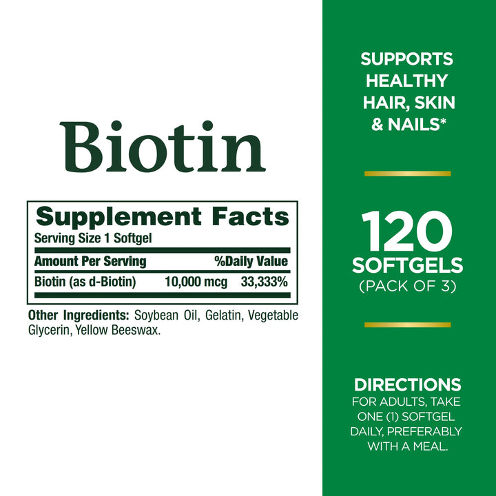 Nature's Bounty Biotin 10,000mcg, Supports Beautiful Hair, Glowing Skin and Healthy Nails, Rapid Release Softgels, 120 Count (Pack of 3)