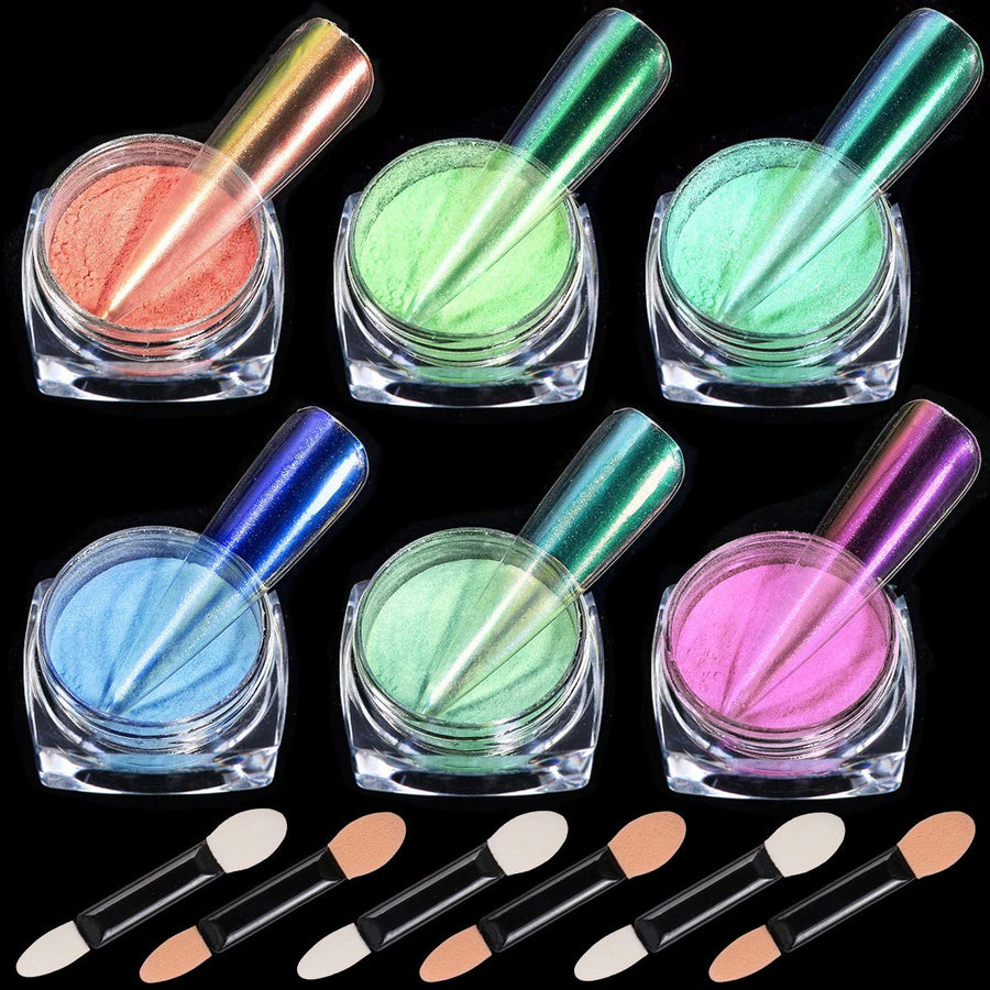 Ice Transparent Aurora Nail Powder, 6 Colors Jelly Neon Rainbow Holographic Chameleon Powder Multi Chrome Nails Power Aurora Effect Iridescent Pigment Glitter Pearlescent Nail Art Glitters