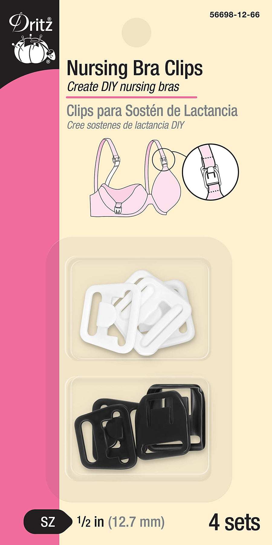56698-12-66 Bra Clips, 1/2-Inch, Black, White 4 Count