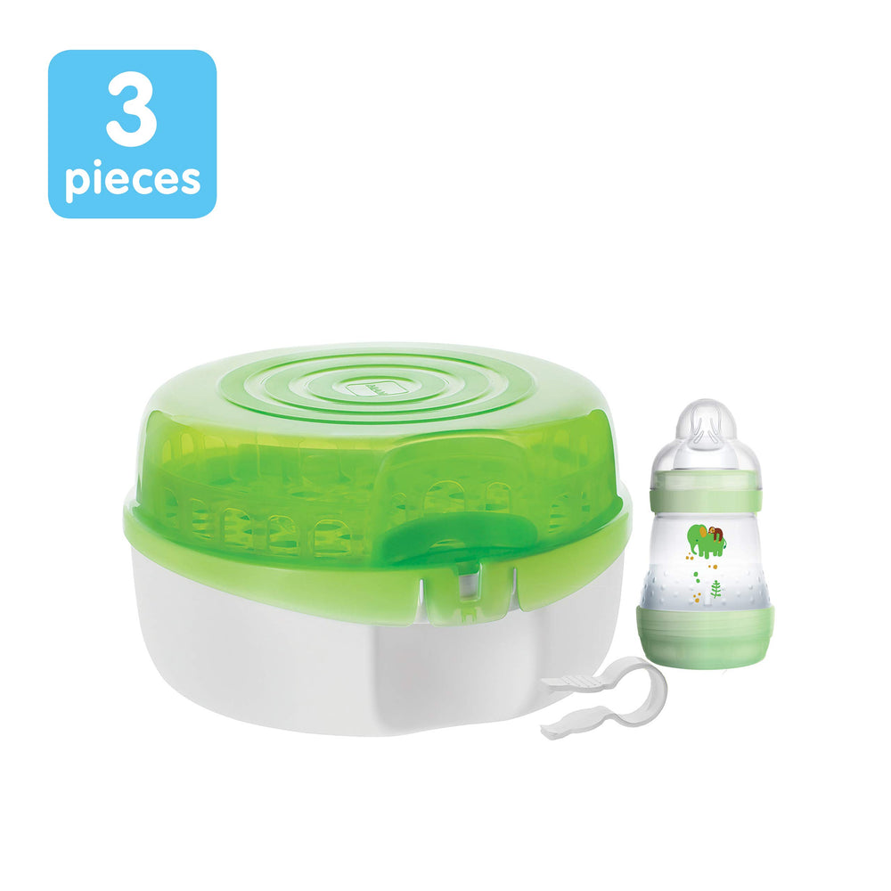 Baby Bottle Sterilizer, Microwave Steam Baby Bottle Sterilizer with 5-ounce Anti-Colic Baby Bottle and Nipple Tong, 3-Pieces, Green