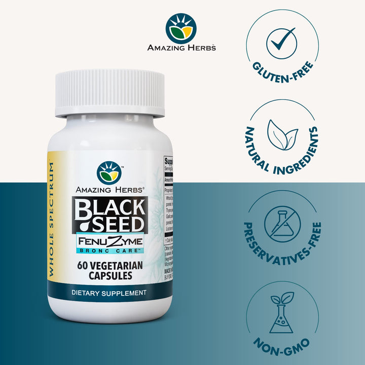 Black Seed Fenuzume Bronc-Care, Vegetarian Capsules - Gluten-Free, Non-GMO, Vegan, Enhances Immune Response, Improves Allergic Conditions & General Well-Being - 60 Count