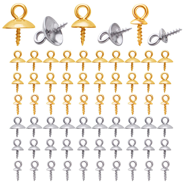 60pcs Stainless Steel Cup Pearl Screw Eye Pin Bail Peg Pendants Eye Pin Bail Pegs with Cap for Half Drilled Beads Charms Jewelry Earrings Making,4mm/6mm/8mm