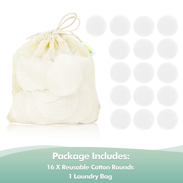 Chemical-free, Reusable Soft Facial and Skin Care Wash Bamboo Cotton Makeup Remover Cloth Pads with Laundry Bag (White), 14 Pack